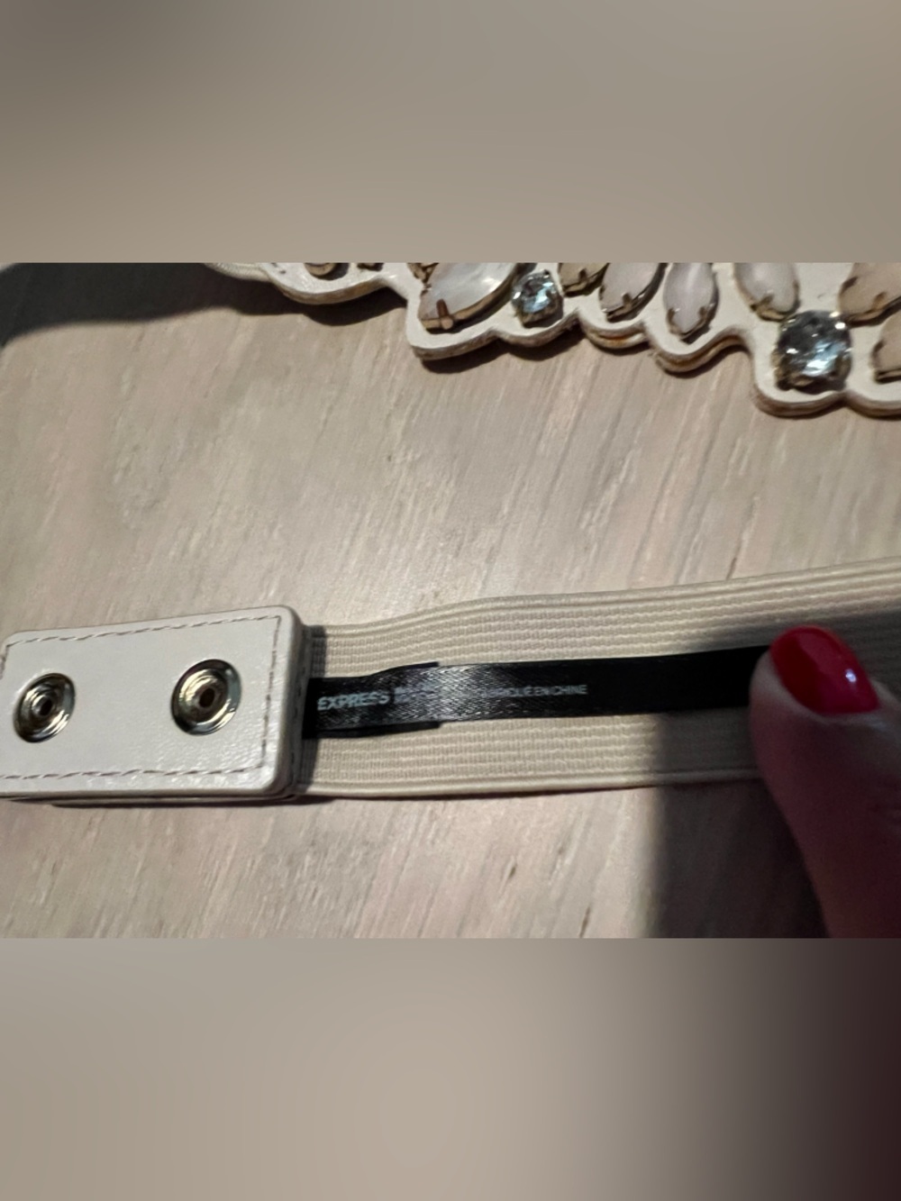 Express Beige Elastic Belt with Blue and Cream Gem Embellishments - Picture 3 of 5